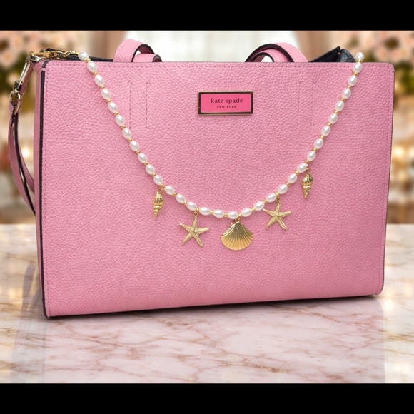 Seashell Starfish Purse Charm Chain Gold Tone Faux Pearl Bag Accessory Jewelry - Picture 2 of 6